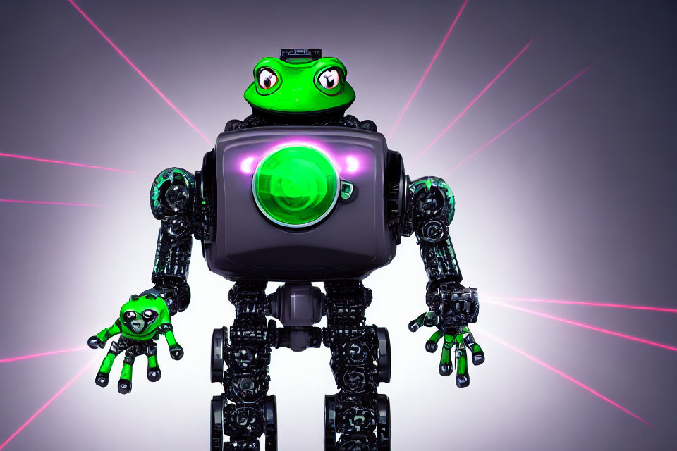 Sci-fi image with central robot, green eye, frog-like companion, pink laser backdrop