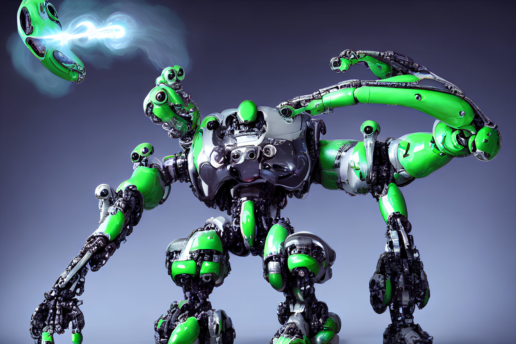 Futuristic green and silver robot with glowing elements on bright backdrop