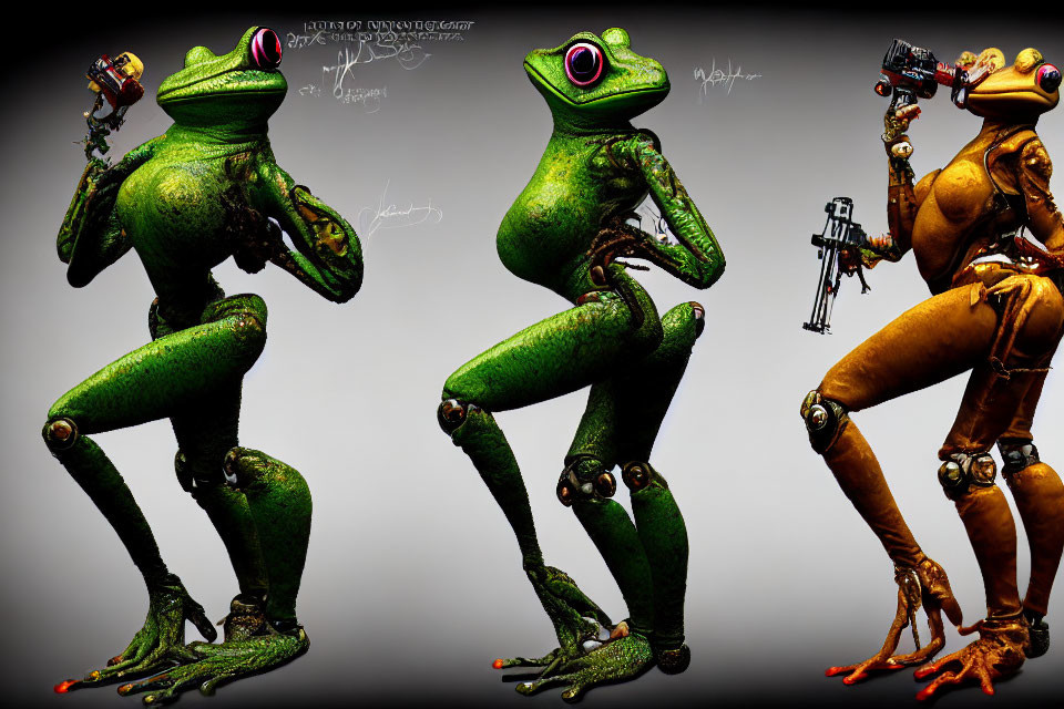 Stylized anthropomorphic frogs in various poses with a camera