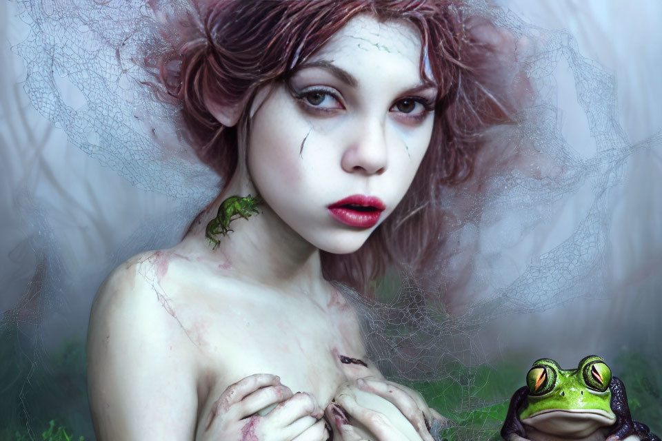 Fantasy-themed image of person with whimsical makeup and frog in foggy backdrop