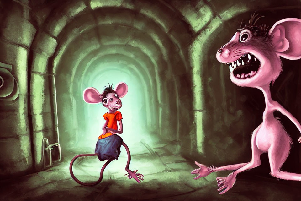 Detailed Illustration: Small, Friendly Mouse Confronts Larger, Menacing Mouse