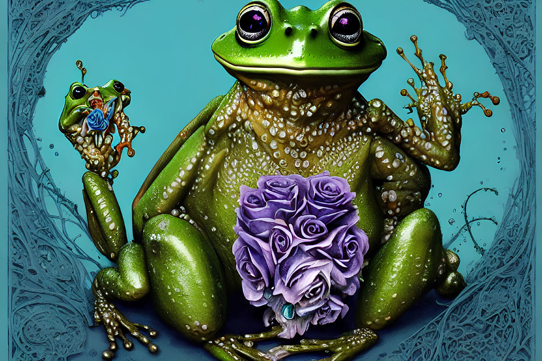 Detailed Illustration: Large Green Frog with Sparkling Eyes Holding Purple Roses, Smaller Frog on Head