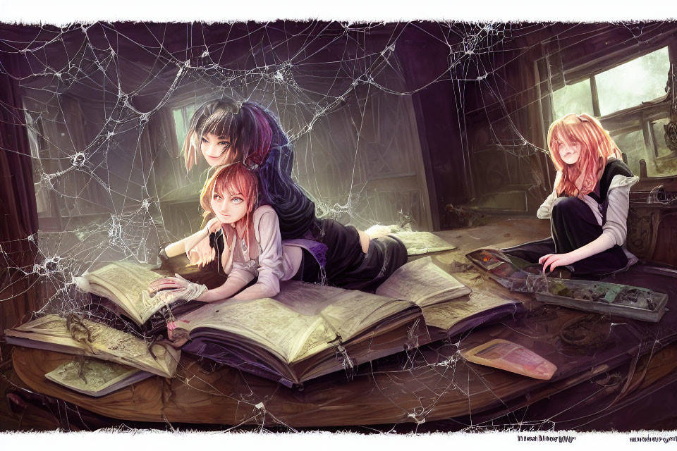 Three animated characters in an old room with cobwebs, two reading a large book, one holding a