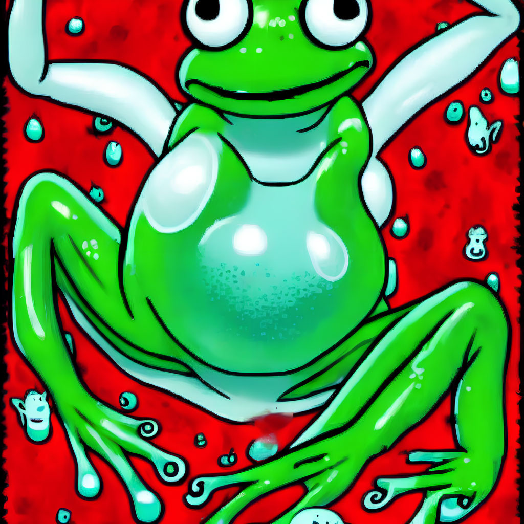 Colorful Smiling Frog Illustration on Red Background