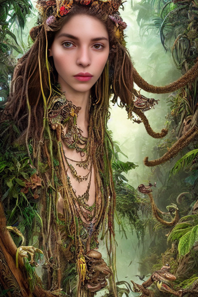 Forest fairy with dreadlocks and flower crown in enchanted jungle