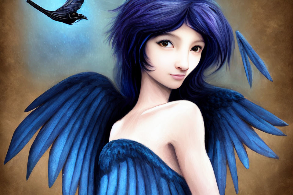 Digital artwork: Woman with blue wings & hair, angelic look, black bird in background