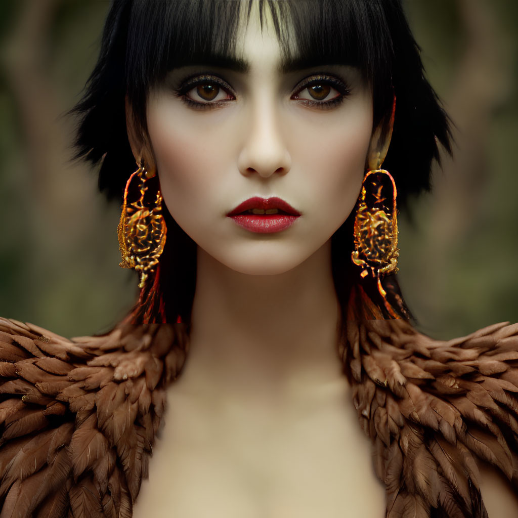 Woman with Striking Makeup and Black Hair in Feathered Garment