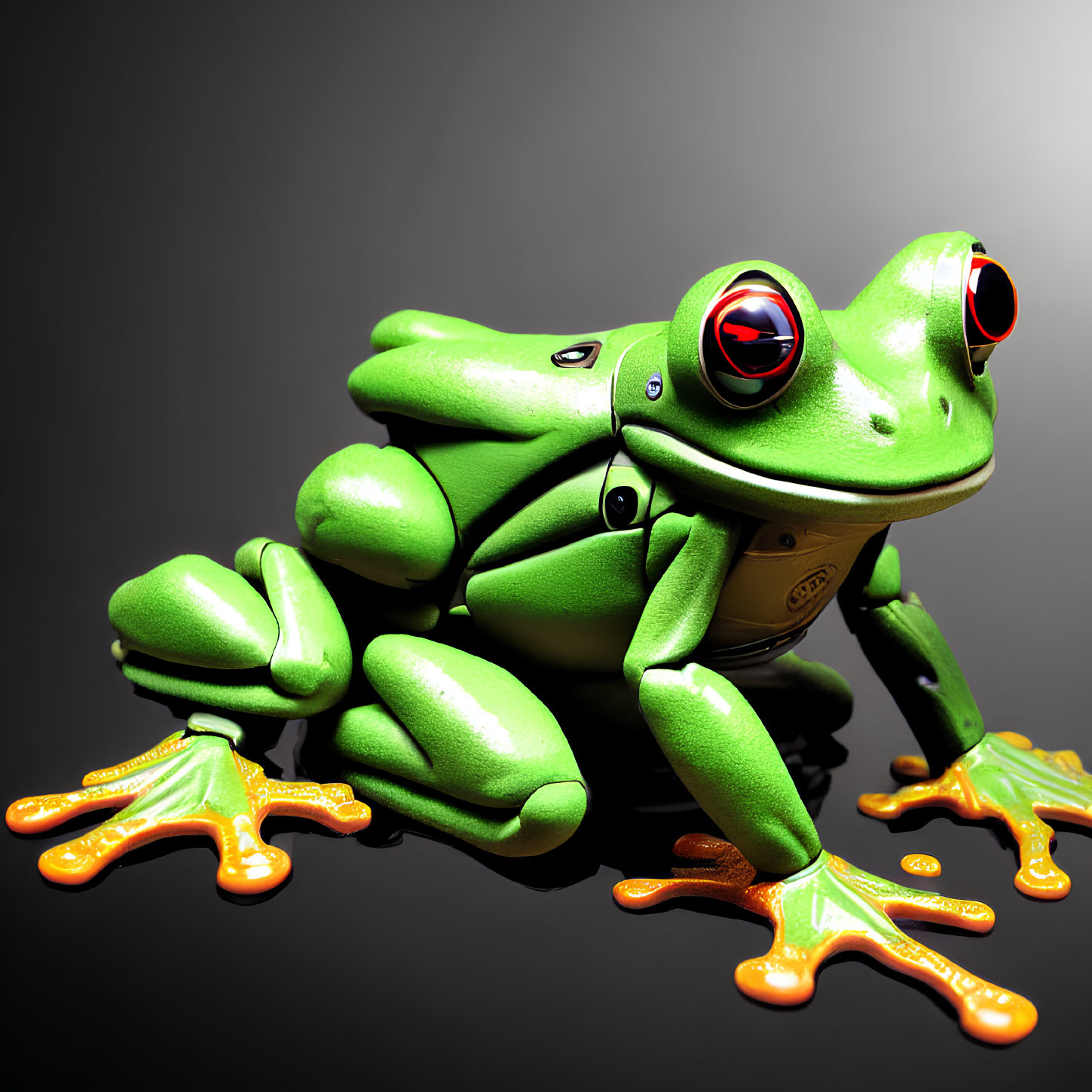 Detailed 3D illustration of vibrant tree frog with red eyes on dark surface