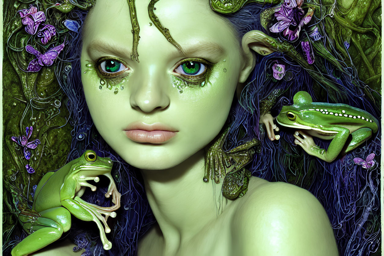 Fantastical portrait of green-skinned woman with blue eyes and frogs