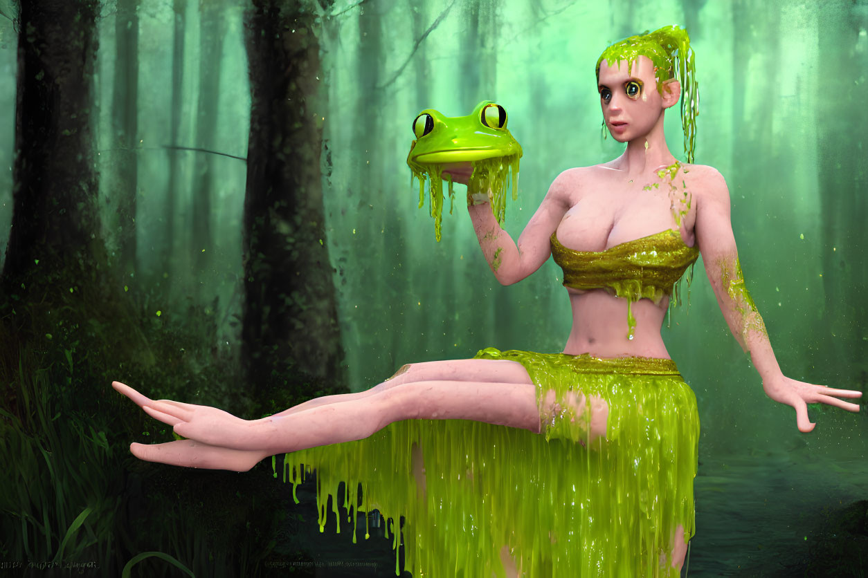 Surreal illustration of woman with green, slimy skin and frog-like features in misty forest