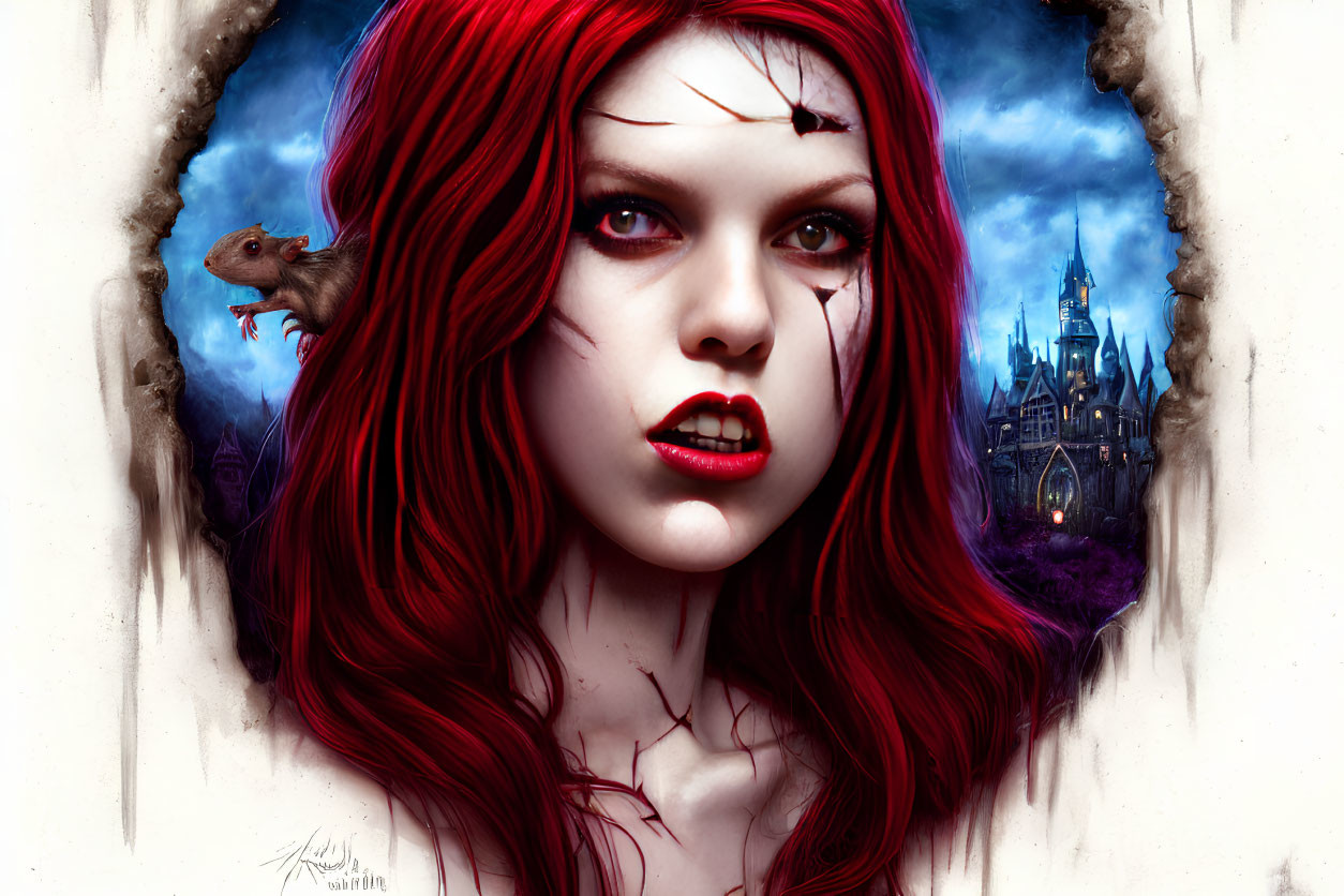 Gothic red-haired woman with rodent and castle backdrop