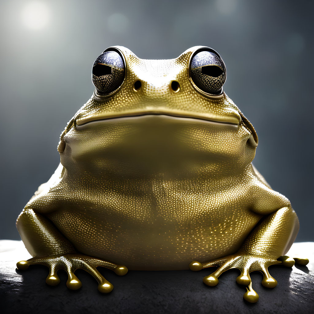 Golden-skinned frog with black eyes on dark background