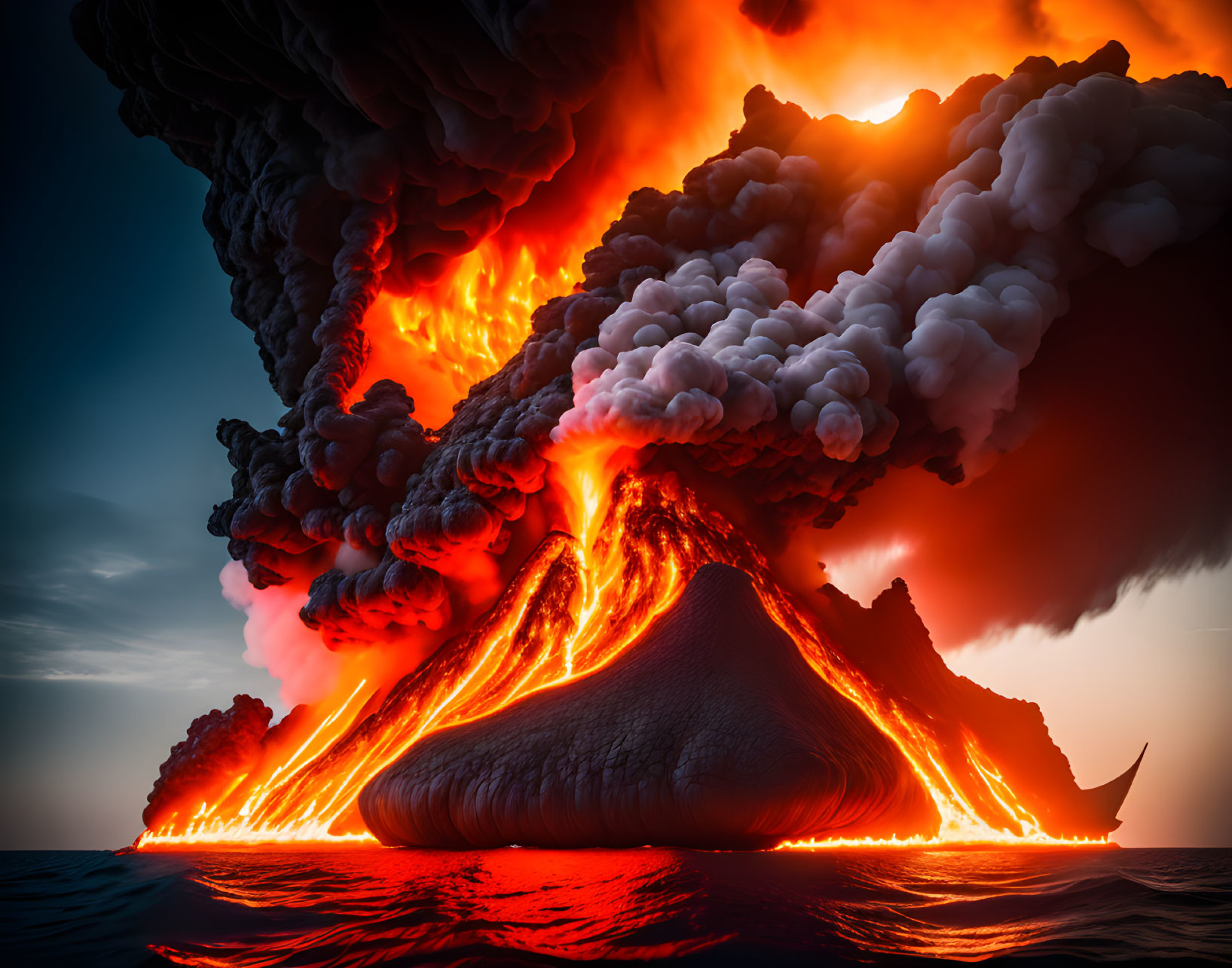 Dramatic sea volcanic eruption at dusk