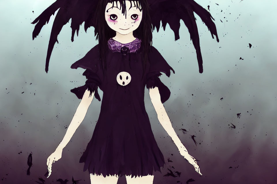 Dark-themed drawing of a girl with black wings and skull emblem in misty setting