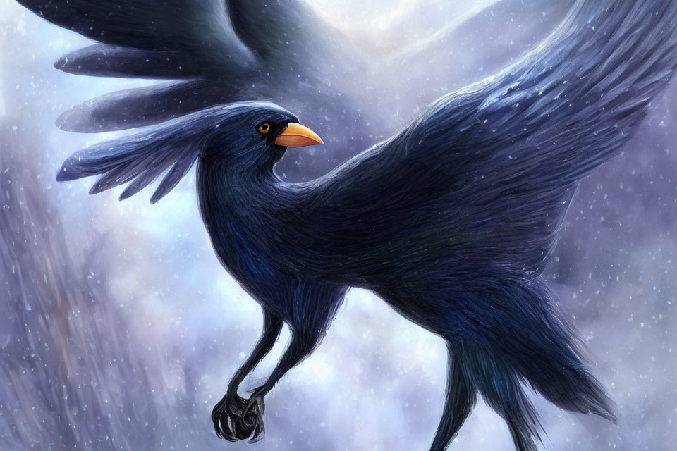 Realistic style painting of majestic raven in snowy backdrop