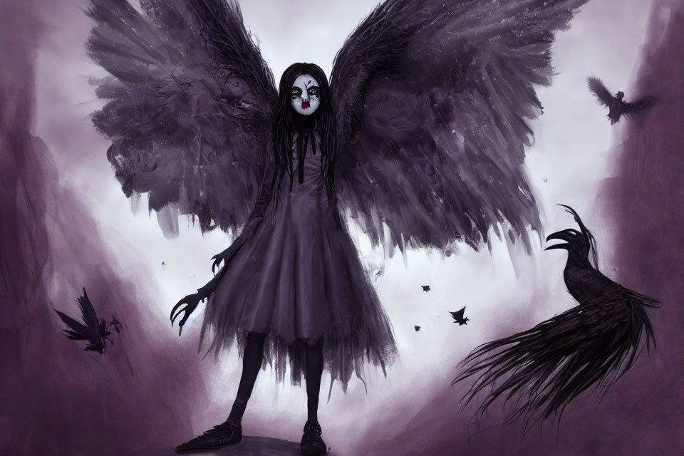 Gothic illustration of humanoid figure with black wings and ravens on purple backdrop