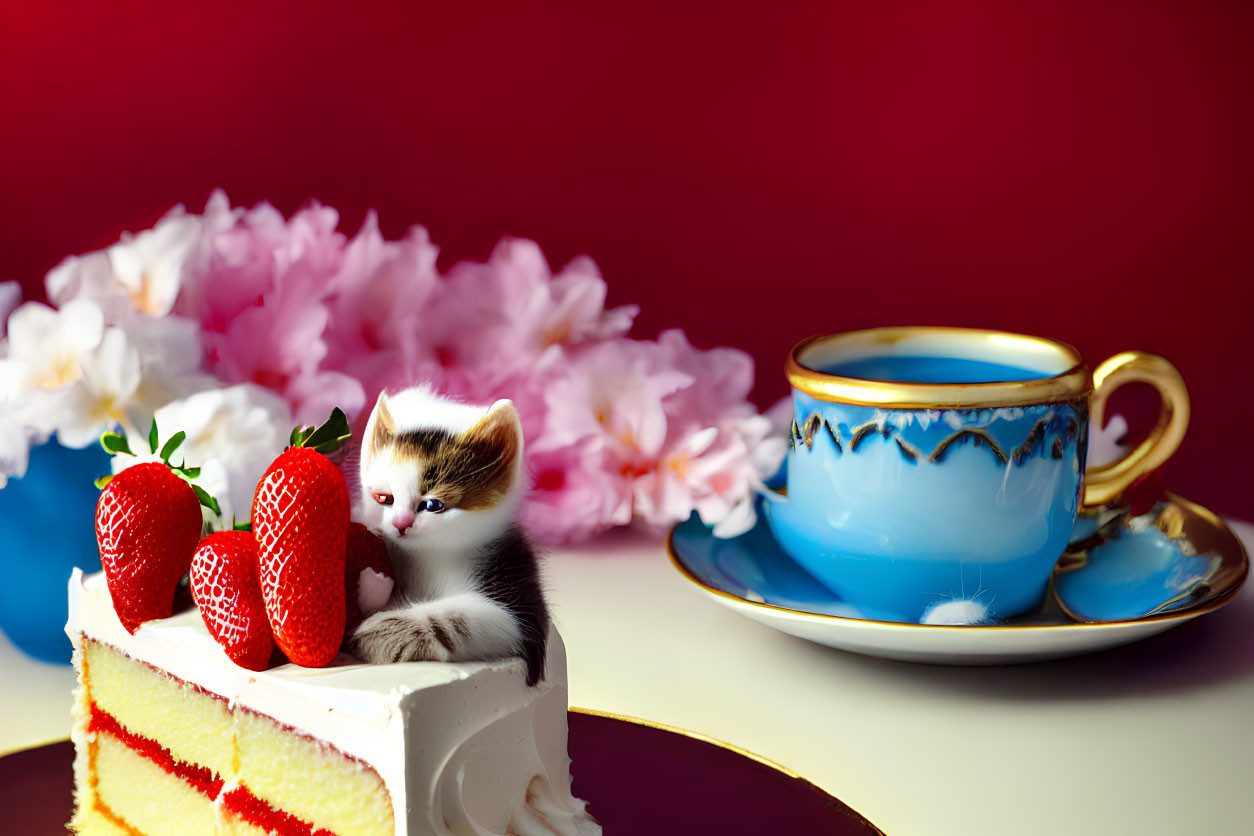 Adorable kitten in cake with strawberries and tea set near flowers