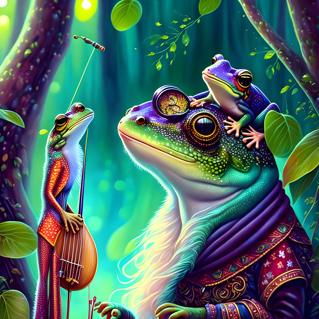 Vibrant whimsical frog illustration in ornate attire playing instruments