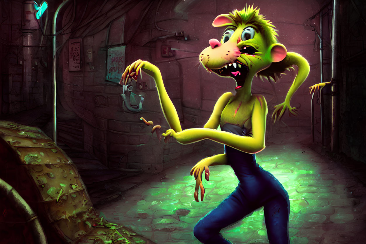 Anthropomorphic rat in jumpsuit in dark alley with raised hand, blue light, graffiti walls