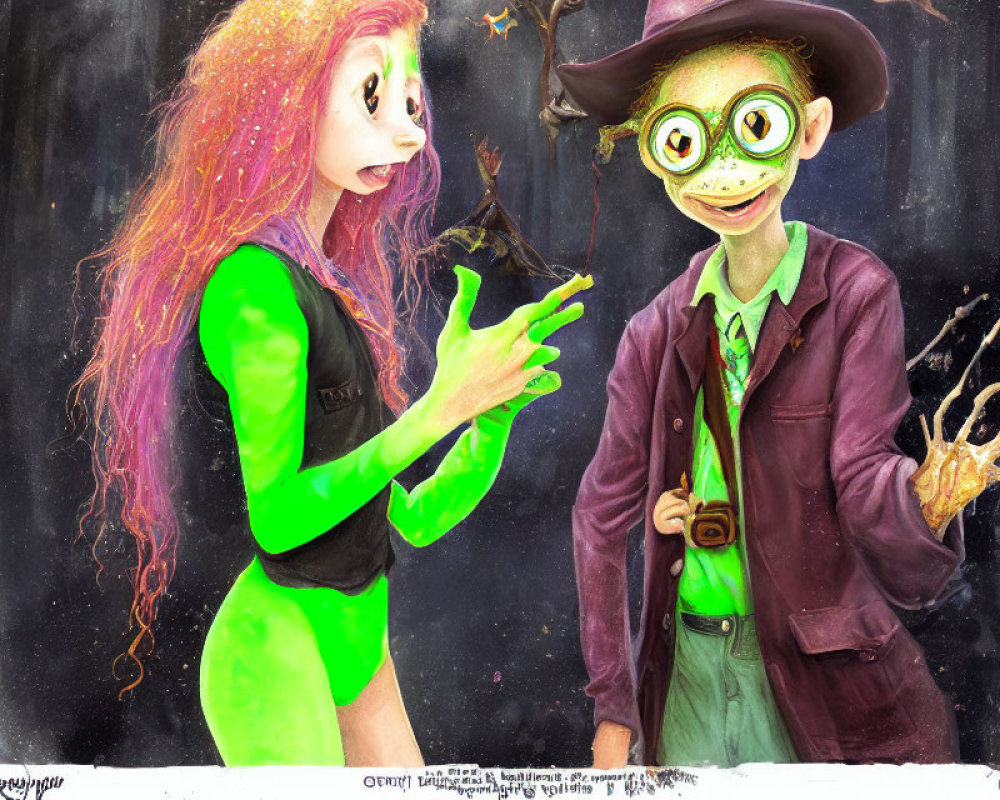 Whimsical animated characters with green skin and pink hair in wizard attire