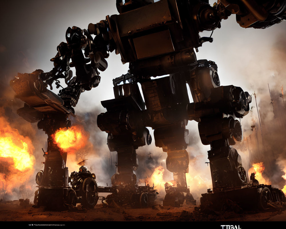 Menacing mech on fiery battlefield amid explosions and debris