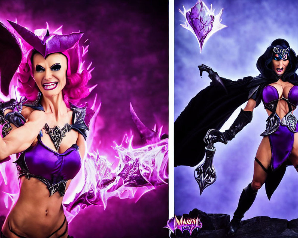 Two individuals in fantasy-themed costumes against purple background