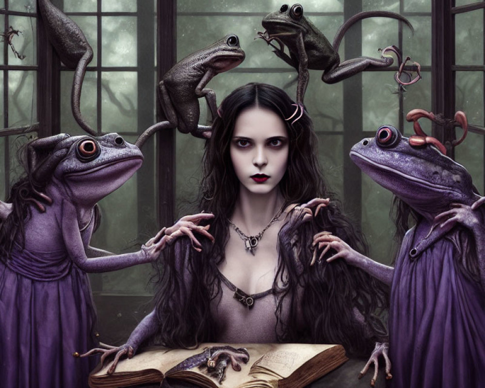 Gothic scene: Pale woman with dark hair, frogs in purple attire, open book, and