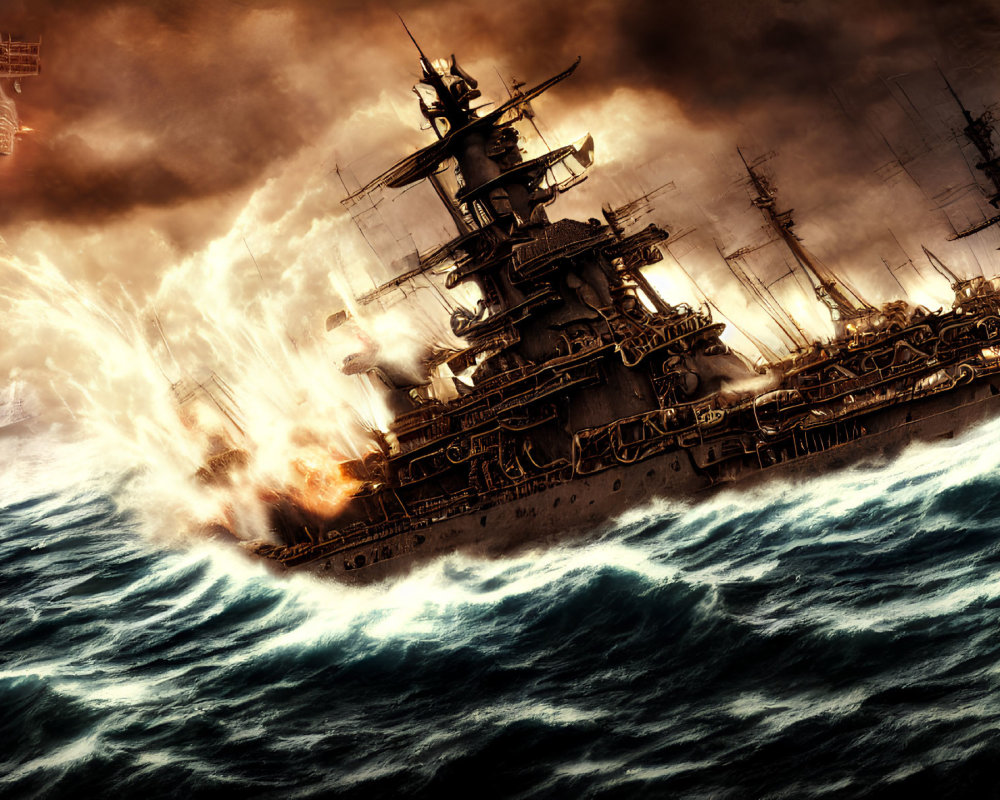 Digital artwork: Naval battle scene with warships, explosions, and stormy sky