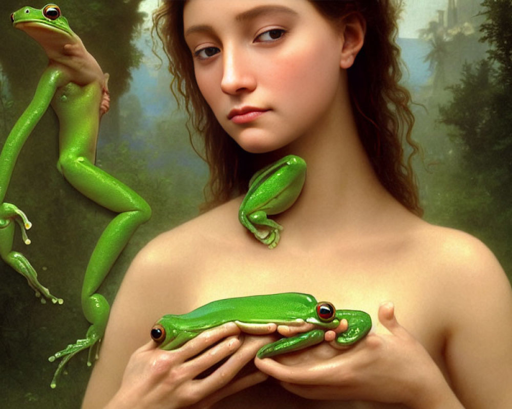 Serene woman with green frogs in forest setting