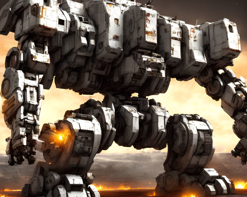 Gigantic mech on dystopian battlefield with scarred armor and flames