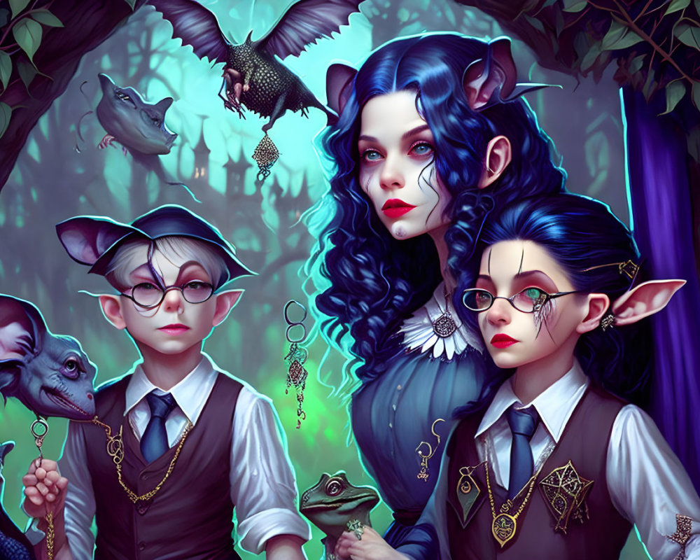 Fantasy characters with pointed ears in formal attire and glasses, surrounded by forest creatures and mystical backdrop