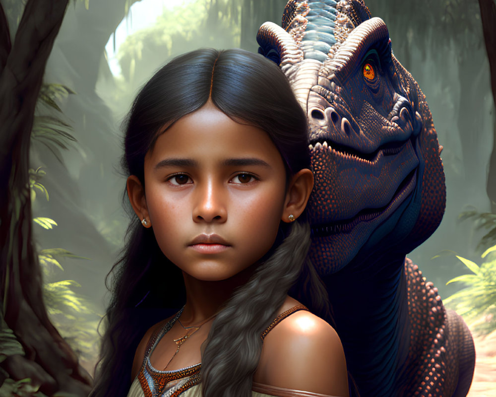 Young girl with wavy hair and friendly dinosaur in forest.