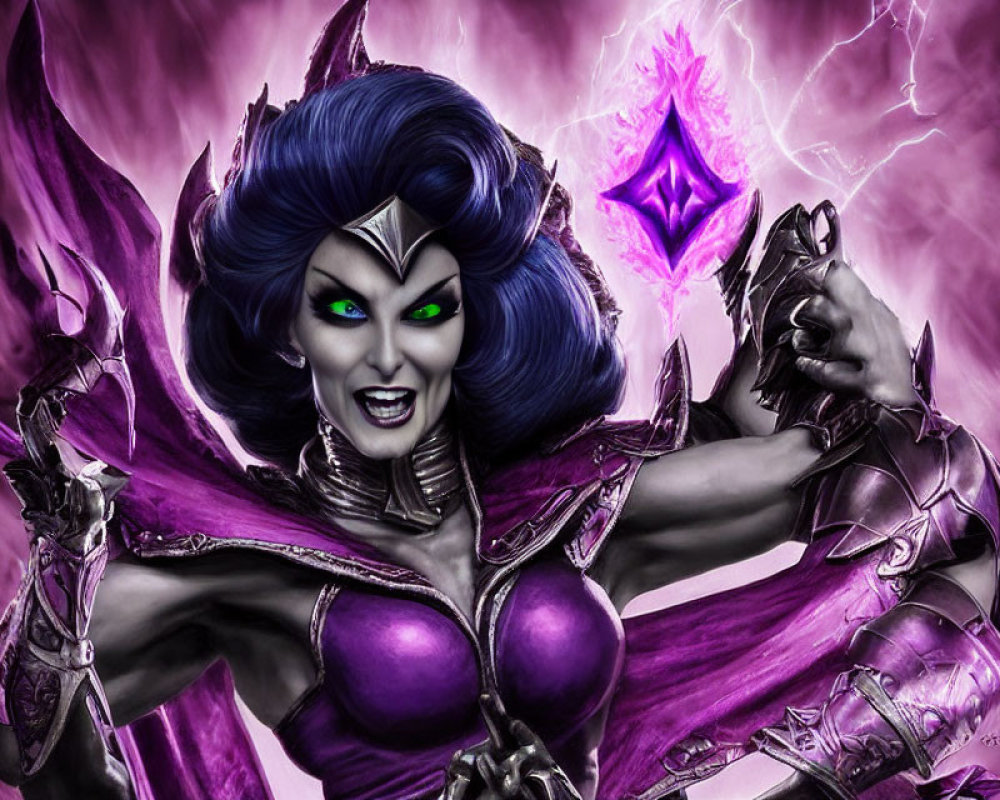 Fantasy character in purple armor with green eyes and dark hair holding a magical cube