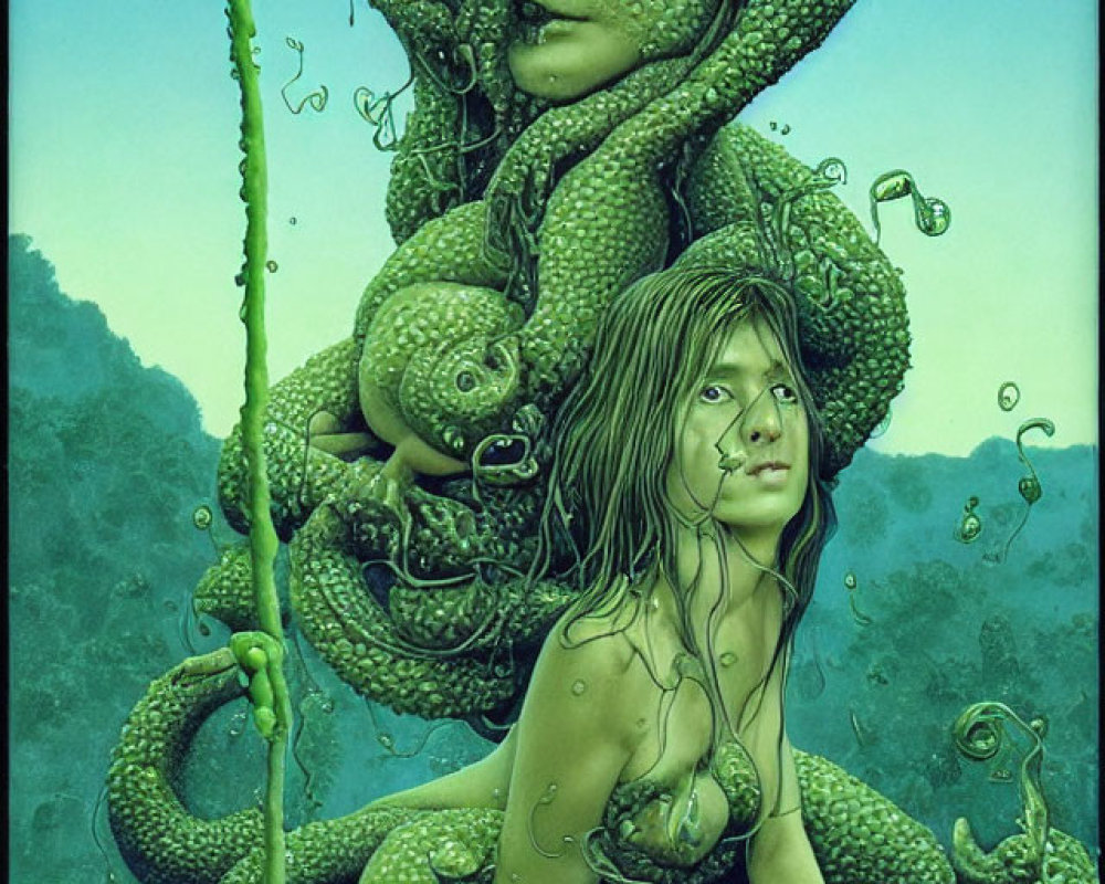 Surreal artwork: Entwined figures with snake-like features in water surrounded by vines.