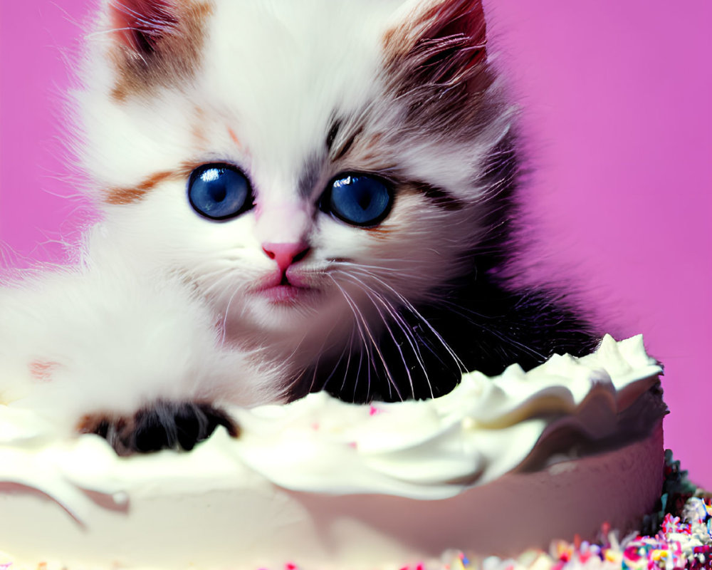 Fluffy kitten with blue eyes on cream cake with sprinkles