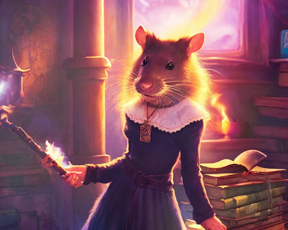 Anthropomorphic rat in blue dress wields flaming wand near magical orbs and stacked books.