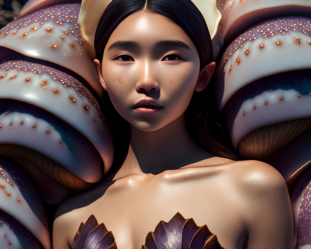 Serene woman portrait with fantastical sea shell backdrop