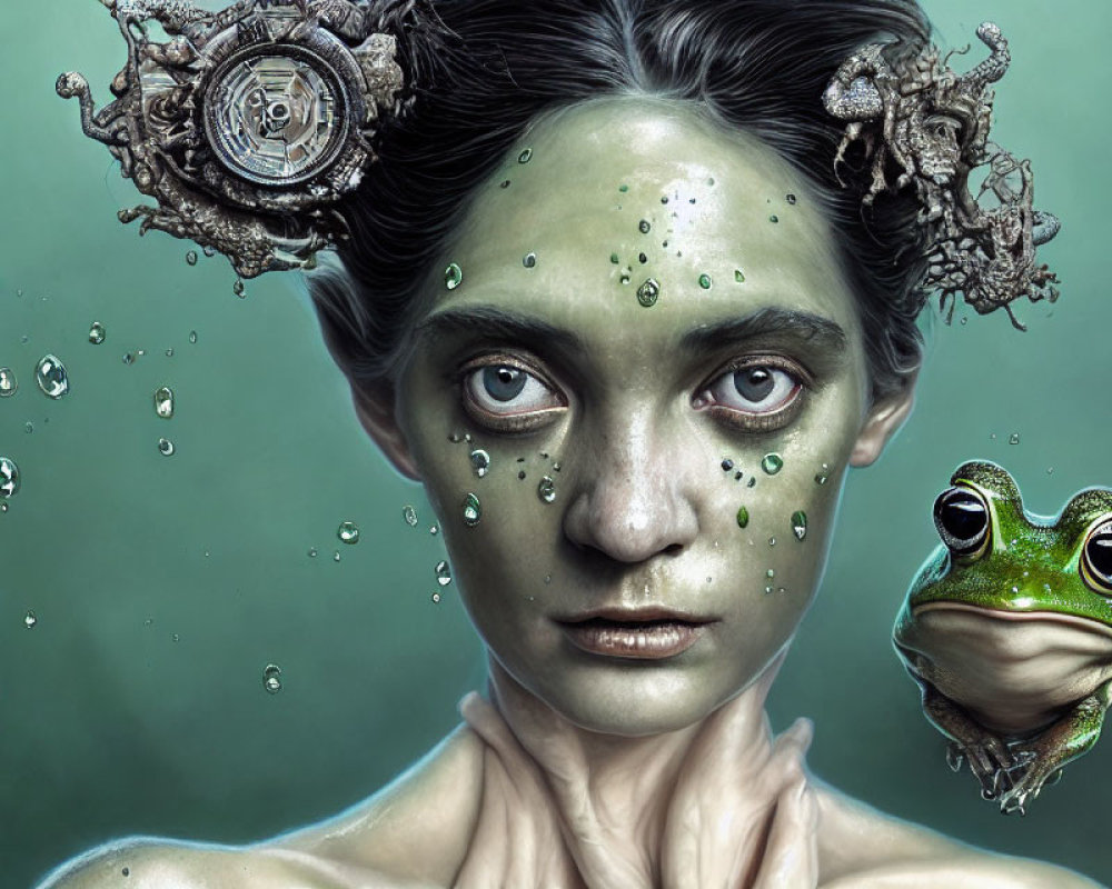 Surreal portrait featuring green-skinned person with mechanical elements, water droplets, and frog.