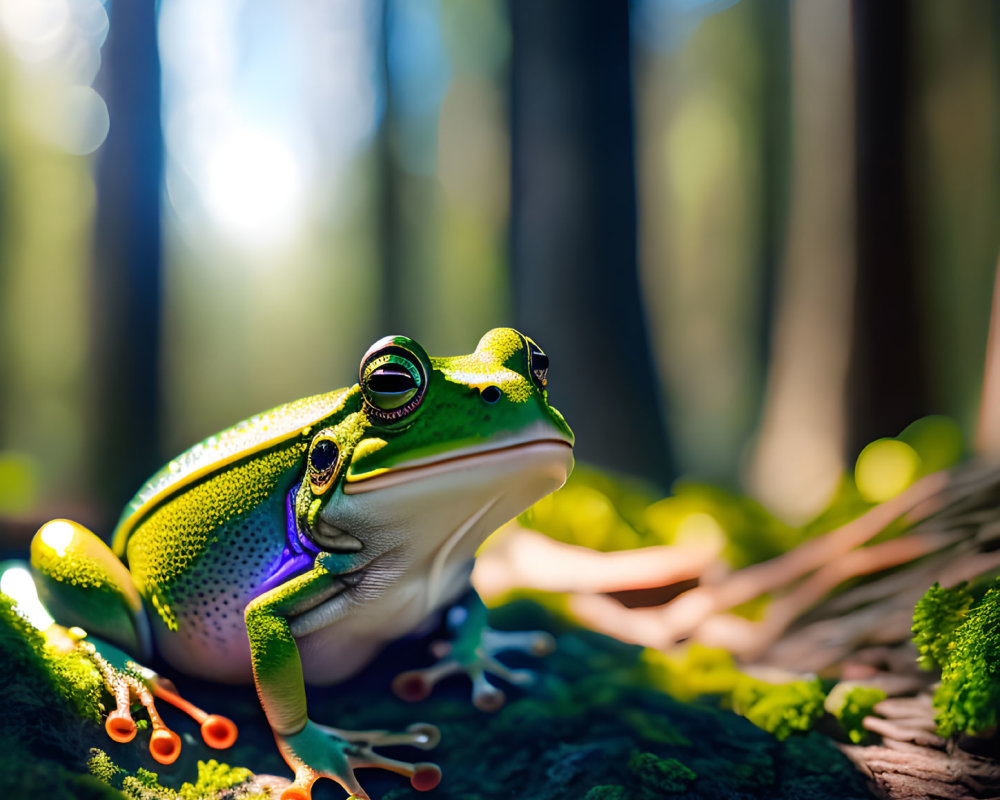 Colorful Green Frog with Orange Feet on Moss-Covered Ground