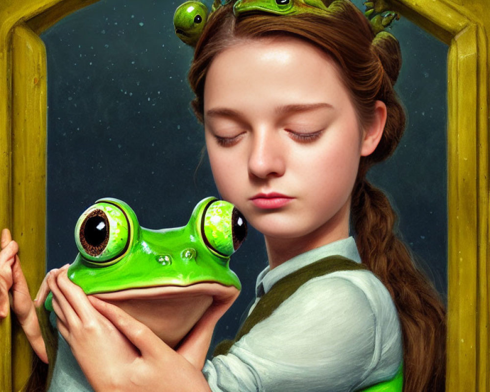 Girl holding green frog against yellow door background with eyes closed