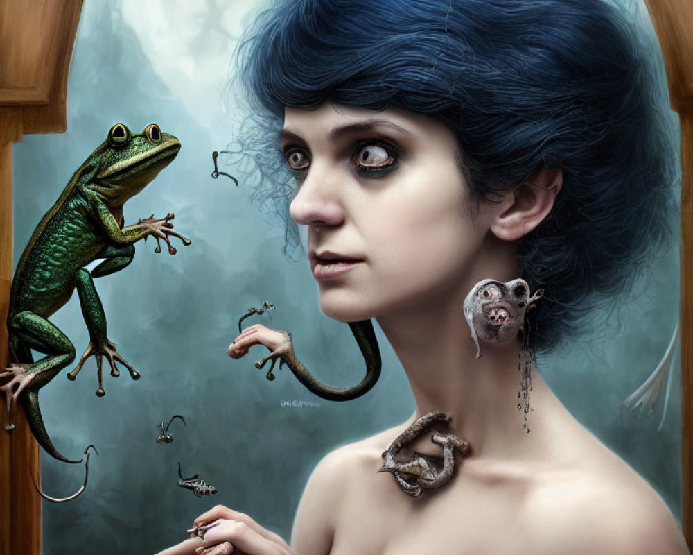 Blue-haired woman with frog on shoulder and lizards on neck and ear.