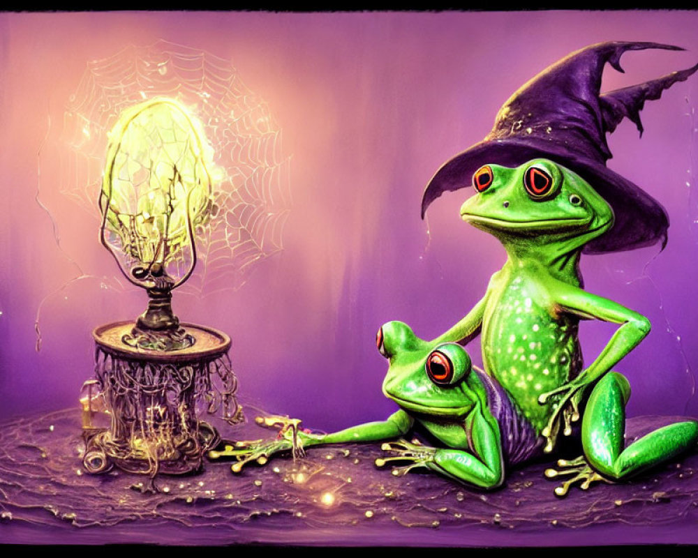 Cartoon frogs with witch's hat near glowing lamp in purple setting