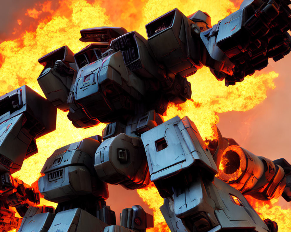 Menacing robotic mechs in fiery backdrop