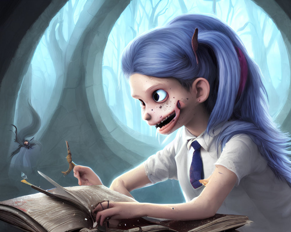 Blue-Haired Girl with Horns Reading Book in Forest with Winged Creature