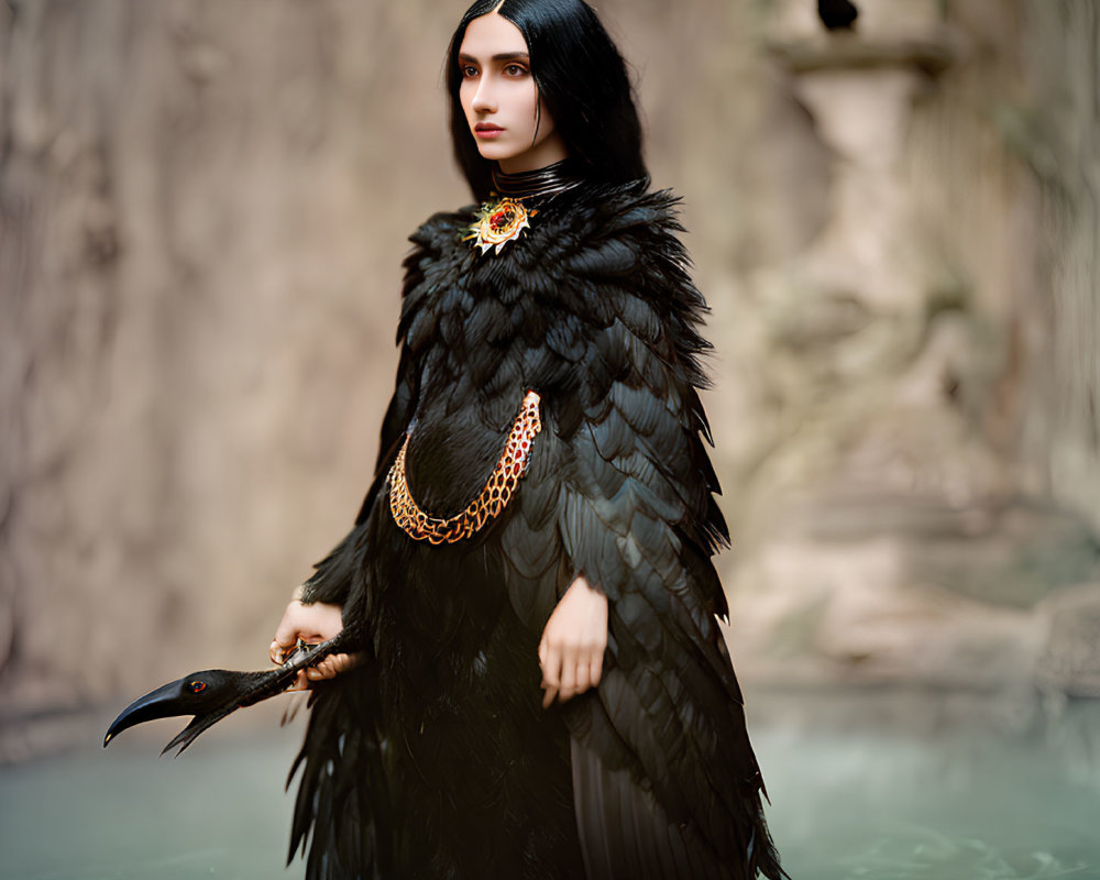 Person in feathered black outfit with bird-themed necklace holding a raven in water with flying birds.