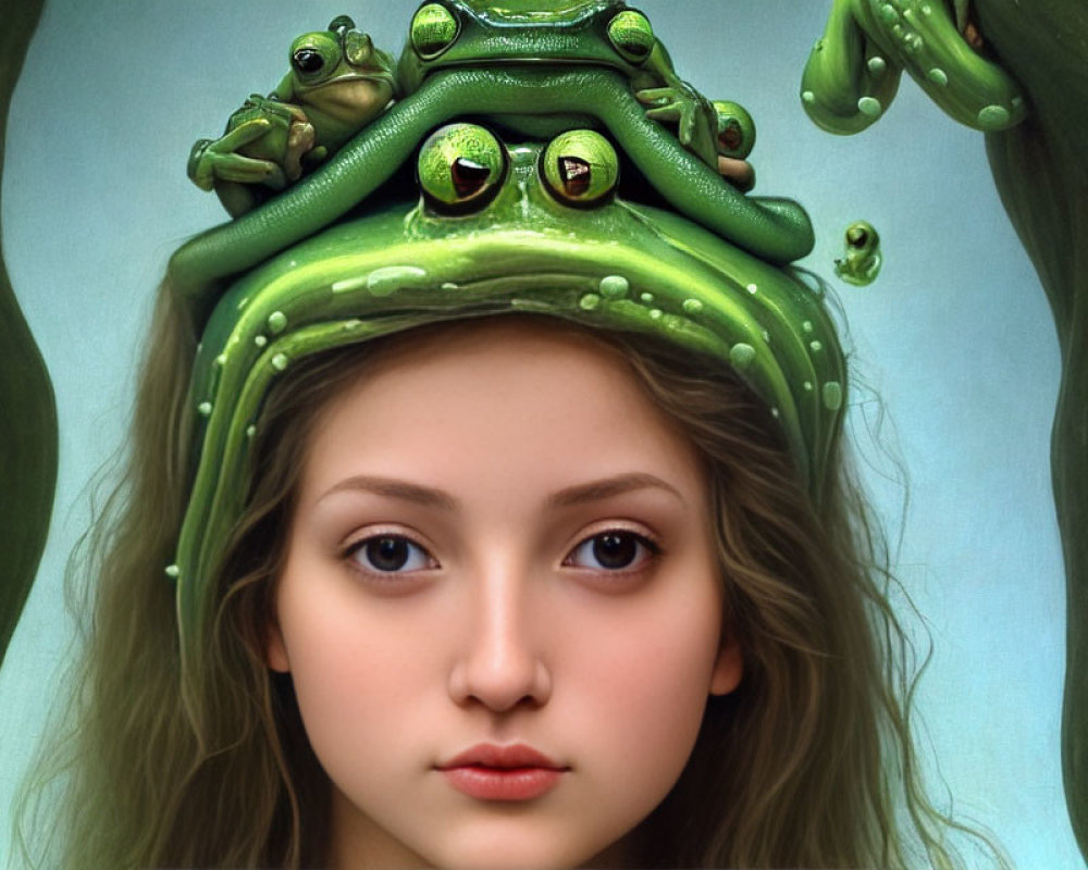 Surreal artwork of young woman with frog stack on head against green backdrop