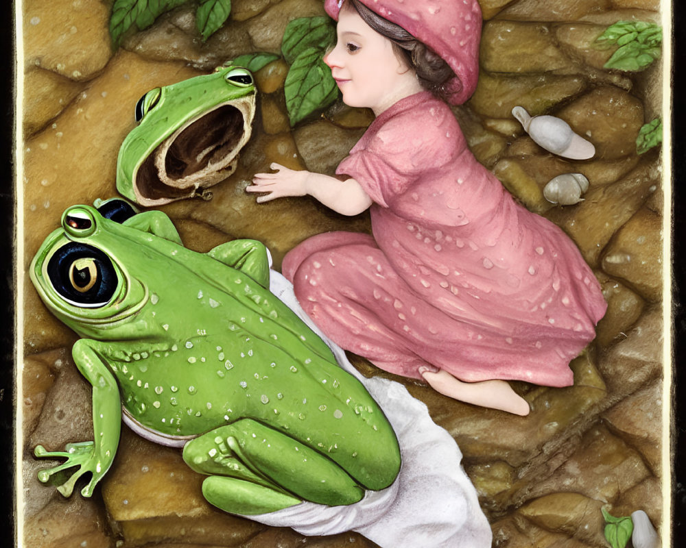 Baby in pink outfit crawls towards realistic frog on stone path surrounded by leaves and snails