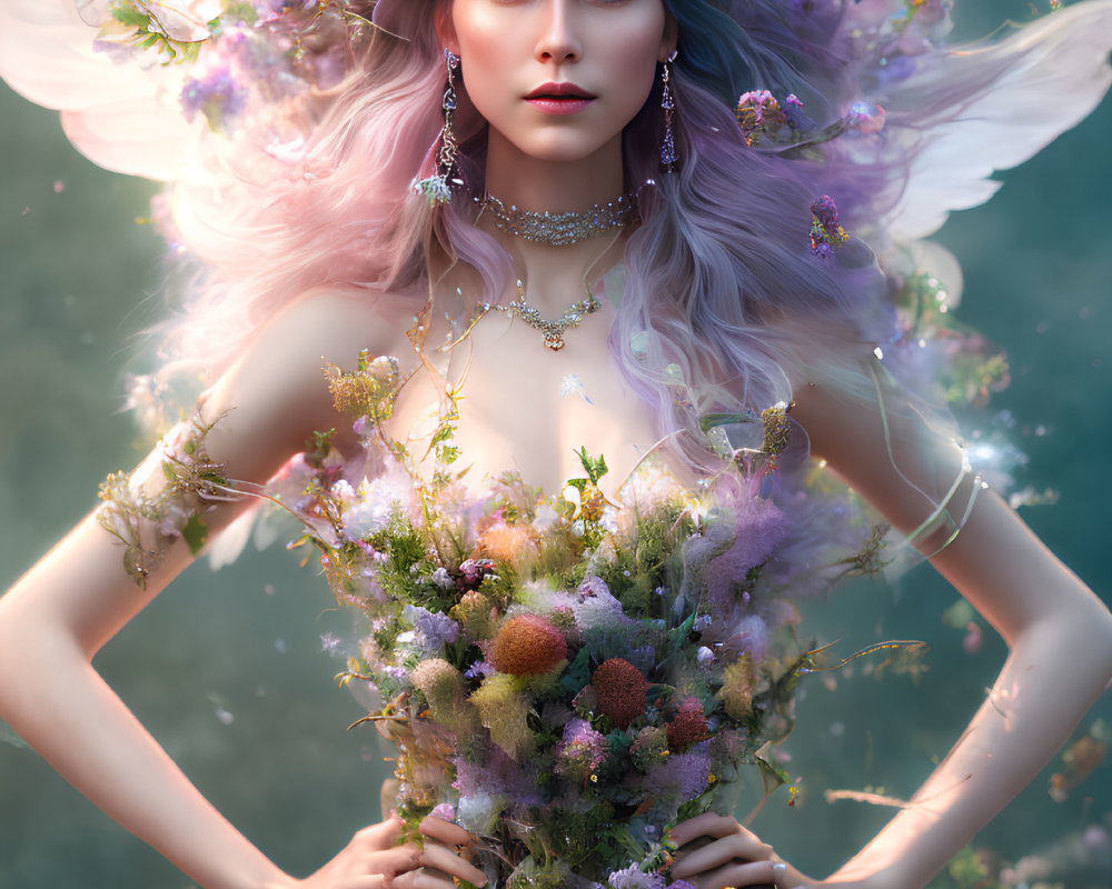 Woman with ethereal wings and floral attire in fantastical art