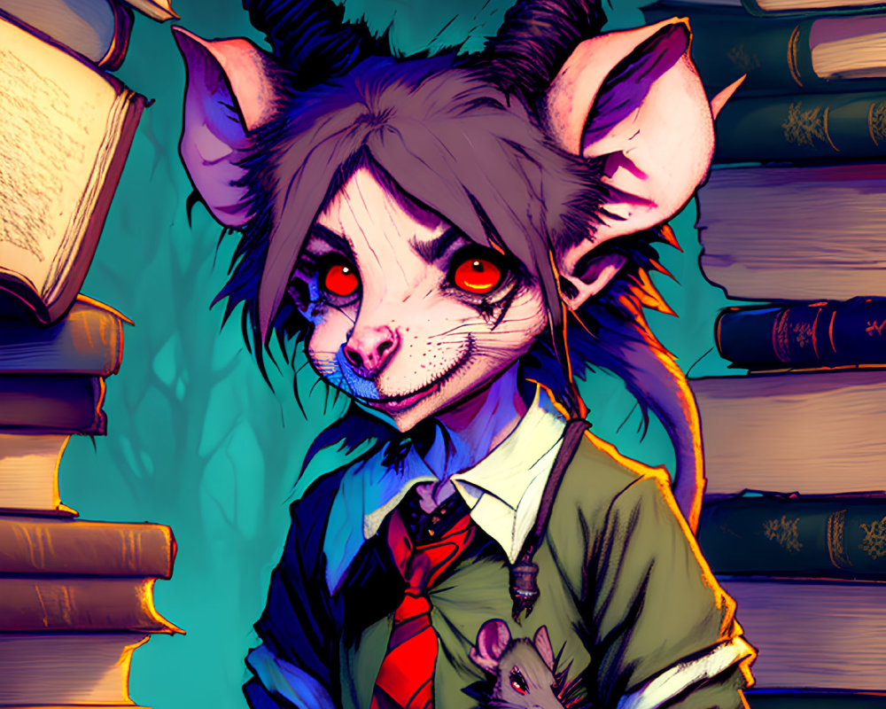 Anthropomorphic rat with red eyes, dark hair, in shirt, tie, vest, near stack