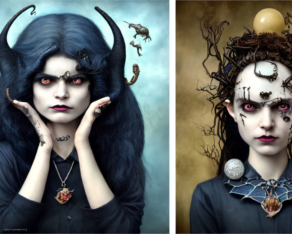 Gothic fantasy portraits of a woman with dark makeup and unique headgear.